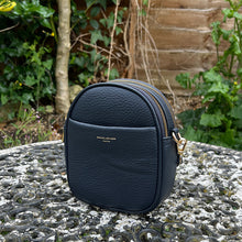 Load image into Gallery viewer, Navy Oval Shaped Twin Zip Top Crossbody Bag (front)