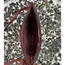 Load image into Gallery viewer, Dark Green & Tan 'Hazel' Flat Leather Crossbody Bag (open)