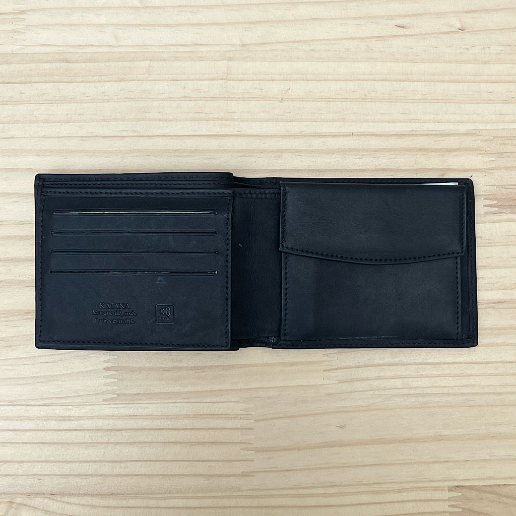 Black Italian Leather Wallet with Coin Pocket by Katana Card Slots