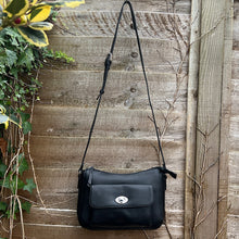 Load image into Gallery viewer, Soft Black Italian Leather 'Martina' Front Pocket Twist Lock Crossbody Bag (hanging)