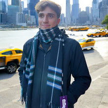 Load image into Gallery viewer, Men's Navy with Green, Grey & Blue Check Scarf (model)