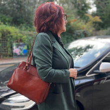Load image into Gallery viewer, Tan Classic 'Carlotta' Italian Leather Shoulder Bag (on model)