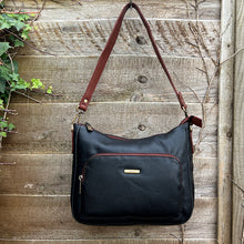 Load image into Gallery viewer, Black & Tan Leather 'Lucy' Front Zip Pocket Shoulder Bag (front)