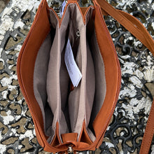 Load image into Gallery viewer, Tan Triple Section Crossbody Bag By David Jones (open)