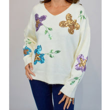 Load image into Gallery viewer, Ivory Coloured Sequin Flower V-Neck Jumper