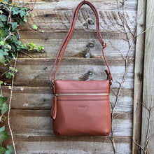 Load image into Gallery viewer, Cognac Crossbody Bag with Front Zip Pockets (hanging)