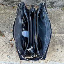 Load image into Gallery viewer, Black Luxe Triple-Compartment Leather Crossbody Bag (open)