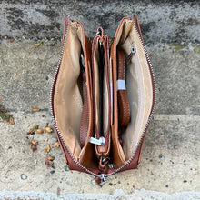 Load image into Gallery viewer, Camel Luxe Triple-Compartment Leather Crossbody Bag (open)