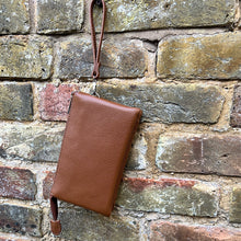 Load image into Gallery viewer, Camel Luxe Triple-Compartment Leather Crossbody Bag (back)