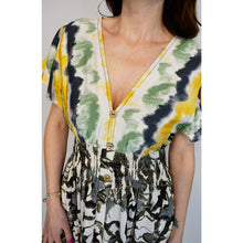 Load image into Gallery viewer, Angel Sleeve V-Neck Maxi Dress with Pockets | Black Aztec Tie Dye (close up)