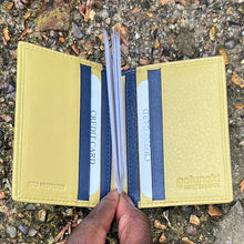 Load image into Gallery viewer, Lime & Navy Soft Leather Credit Card Holder (open)