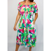 Load image into Gallery viewer, Bardot Midi Dress with Pockets | Green Vibrant Colour Mix