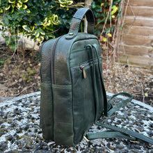 Load image into Gallery viewer, Dark Green Twin Zip Top Leather 'Harriet' Backpack (back)