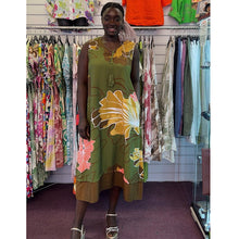 Load image into Gallery viewer, Abstract Print Sleeveless Maxi Dress with Tassel Tie Neck (Olive)