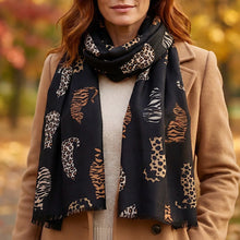 Load image into Gallery viewer, Animal Print Cat Silhouette Scarf – Black (on model)