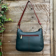 Load image into Gallery viewer, Dark Green & Tan Leather 'Lucy' Front Zip Pocket Shoulder Bag (back)