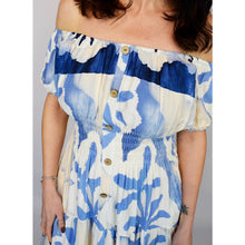 Load image into Gallery viewer, Bardot with Pockets Maxi Dress | Azure Bloom (close up)
