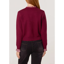 Load image into Gallery viewer, Berry Button-Up Truffle Trim Knit Cardigan (back)