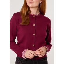 Load image into Gallery viewer, Berry Button-Up Truffle Trim Knit Cardigan (close up)