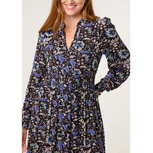 Load image into Gallery viewer, Blue Floral Print Grandad Collar Shirt Dress with Pockets (close up)
