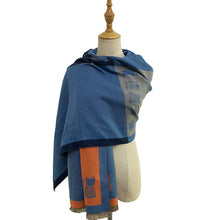 Load image into Gallery viewer, Blue & Orange Playful Cat Parade Scarf (on model)