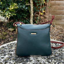 Load image into Gallery viewer, Dark Green & Tan 'Hazel' Flat Leather Crossbody Bag (front)