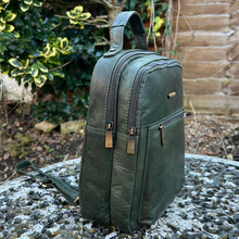 Load image into Gallery viewer, Dark Green Twin Zip Top Leather 'Harriet' Backpack (side)