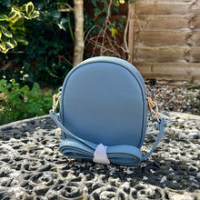 Load image into Gallery viewer, Blue Jean Oval Shaped Twin Zip Top Crossbody Bag (back)