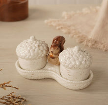 Load image into Gallery viewer, Ceramic Squirrel Acorn Salt & Pepper Shakers with Tray (lifestyle image)