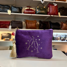 Load image into Gallery viewer, Champagne Glasses Velvet Zip Pouch with Gold Tassel – Purple