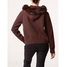 Load image into Gallery viewer, Chocolate Brown Faux Fur Trim Hooded Zip-Up Cardigan (back)