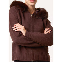 Load image into Gallery viewer, Chocolate Brown Faux Fur Trim Hooded Zip-Up Cardigan (close up)