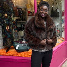 Load image into Gallery viewer, Chocolate Brown Reversible Faux Fur & Faux Leather Jacket (faux fur)