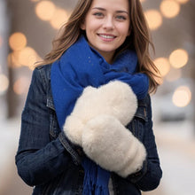 Load image into Gallery viewer, Cream Snow Cloud Faux Fur Mittens (on model)