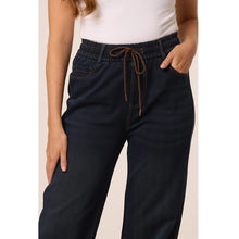 Load image into Gallery viewer, Dark Indigo Pull-On Wide Leg Denim Look Trousers (close up)