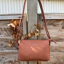 Load image into Gallery viewer, Tan Triple Section Crossbody Bag By David Jones (front)
