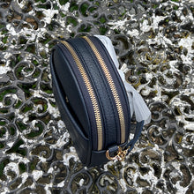 Load image into Gallery viewer, Navy Oval Shaped Twin Zip Top Crossbody Bag (top view)