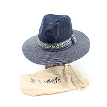 Load image into Gallery viewer, Navy Blue Jewelled Band Panama Foldable Hat (on stand)