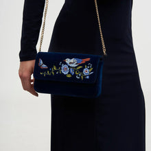 Load image into Gallery viewer, Fable Embroidered Bird & Floral Velvet Chain Shoulder Bag – Navy (chain)