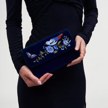 Load image into Gallery viewer, Fable Embroidered Bird & Floral Velvet Chain Shoulder Bag – Navy (held)