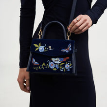 Load image into Gallery viewer, Fable Embroidered Bird & Floral Velvet Mini Grab Bag – Navy (additional strap)