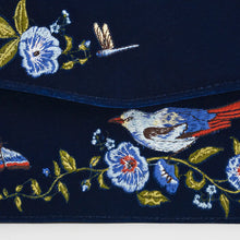 Load image into Gallery viewer, Fable Embroidered Bird & Floral Velvet Mini Grab Bag – Navy (close up)