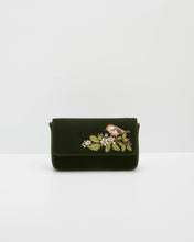 Load image into Gallery viewer, Fable Embroidered Robin Velvet Chain Crossbody Bag – Forest Green (clutch)