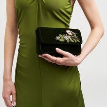 Load image into Gallery viewer, Fable Embroidered Robin Velvet Chain Crossbody Bag – Forest Green (in hand)