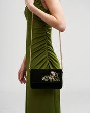 Load image into Gallery viewer, Fable Embroidered Robin Velvet Chain Crossbody Bag – Forest Green (on shoulder)