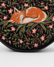 Load image into Gallery viewer, Fable Embroidered Sleeping Fox Round Velvet Crossbody Bag – Black (close up)