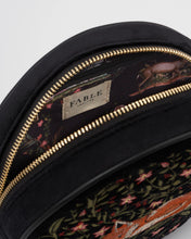 Load image into Gallery viewer, Fable Embroidered Sleeping Fox Round Velvet Crossbody Bag – Black (open)