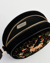 Load image into Gallery viewer, Fable Embroidered Woodland Stag Round Crossbody Bag – Black (open)