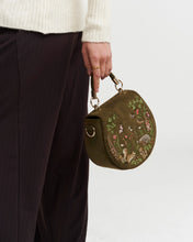Load image into Gallery viewer, Fable Embroidered Woodland Velvet Saddle Crossbody Bag – Olive Green (held)