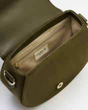 Load image into Gallery viewer, Fable Embroidered Woodland Velvet Saddle Crossbody Bag – Olive Green (open)